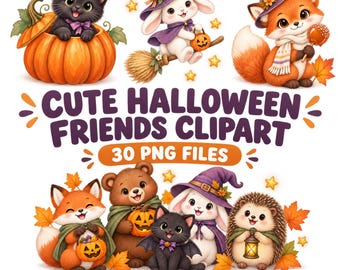 May include: A digital collection of cute Halloween friends clipart featuring a black cat in a pumpkin, a white rabbit on a broom, a fox with a candy apple, and a group of animals including a fox, bear, cat, rabbit, and hedgehog with autumn leaves.