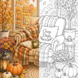 Peut inclure: Une illustration en vue divis&eacute;e montrant un fauteuil confortable avec un jet&eacute; &agrave; carreaux, un livre ouvert, une tasse &agrave; motif de c&oelig;ur, des citrouilles, des fleurs en pot et une lanterne. Le c&ocirc;t&eacute; gauche est color&eacute; dans des tons d'automne chauds, tandis que le c&ocirc;t&eacute; droit est un dessin au trait noir et blanc avec le texte Cozy Days sur un coussin.