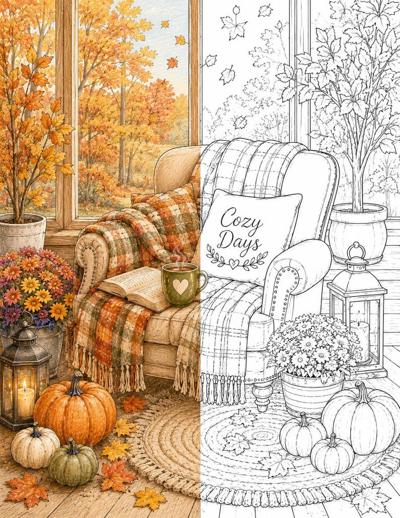 Peut inclure: Une illustration en vue divis&eacute;e montrant un fauteuil confortable avec un jet&eacute; &agrave; carreaux, un livre ouvert, une tasse &agrave; motif de c&oelig;ur, des citrouilles, des fleurs en pot et une lanterne. Le c&ocirc;t&eacute; gauche est color&eacute; dans des tons d'automne chauds, tandis que le c&ocirc;t&eacute; droit est un dessin au trait noir et blanc avec le texte Cozy Days sur un coussin.