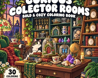 May include: A colouring book titled Curious Colector Rooms Bold & Cozy Colouring Book featuring a cat in a room filled with shelves of clocks, crystals, books, and plants. The cover shows a desk with a magnifying glass, a globe, and a cloche.