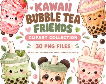 May include: A digital clipart collection featuring four illustrated bubble tea cups with faces, straws, and tapioca pearls. The text reads: KAWAI BUBBLE TEA FRIENDS, CLIPART COLLECTION, 30 PNG FILES, 300 DPI, TRANSPARENT PNG, COMMERCIAL USE.