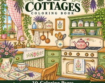 Livre de coloriage « Cozy Cottage », 30 pages à colorier à imprimer avec références en couleur (téléchargement numérique)