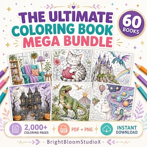 Może przedstawiać: Mega zestaw kolorowanek z tekstem THE ULTIMATE COLORING BOOK MEGA BUNDLE i 60 BOOKS. Zawiera sześć kwadratowych ilustracji przedstawiających przytulny pokój, kota, zamek, nawiedzony dom, dinozaura oraz scenę kosmiczną z planetami.