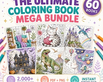 May include: A digital colouring book mega bundle featuring the text THE ULTIMATE COLORING BOOK MEGA BUNDLE and 60 BOOKS. It displays six square illustrations including a cosy room, a cat, a castle, a haunted house, a dinosaur, and a space scene.