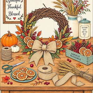 Peut inclure: Une couronne d'automne rustique avec un n&oelig;ud en toile de jute, du bl&eacute; s&eacute;ch&eacute;, des baies et des tranches d'orange. La sc&egrave;ne comprend une citrouille, un cadre avec Grateful Thankful Blessed, un pot Autumn Days Are The Best et une caisse Harvest Blessings.