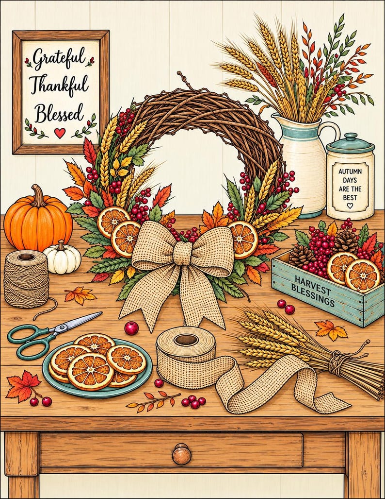 Peut inclure: Une couronne d'automne rustique avec un n&oelig;ud en toile de jute, du bl&eacute; s&eacute;ch&eacute;, des baies et des tranches d'orange. La sc&egrave;ne comprend une citrouille, un cadre avec Grateful Thankful Blessed, un pot Autumn Days Are The Best et une caisse Harvest Blessings.