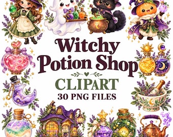 May include: A digital collection of Witchy Potion Shop clipart featuring 30 PNG files. The set includes illustrations of a witch, a ghost, a black cat, a pumpkin character, various potion bottles, a mortar and pestle, and a small cottage.