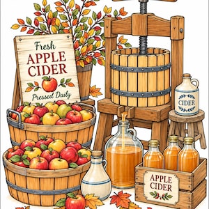 Peut inclure: Un pressoir &agrave; pommes en bois avec un m&eacute;canisme &agrave; vis, deux grands paniers en bois remplis de pommes rouges et jaunes, une carafe en verre recueillant du cidre et une caisse en bois contenant trois bouteilles en verre &eacute;tiquet&eacute;es Apple Cider. Un panneau indique Fresh Apple Cider Pressed Daily.