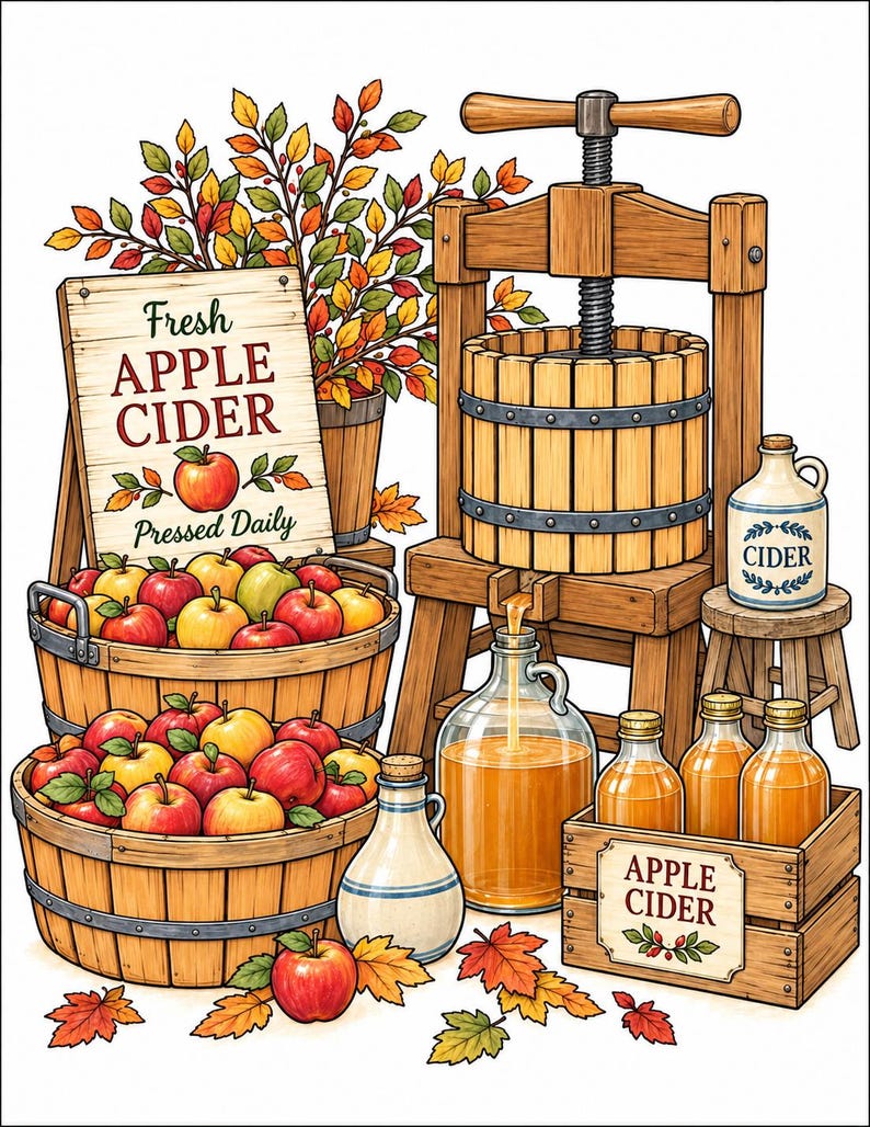 Peut inclure: Un pressoir &agrave; pommes en bois avec un m&eacute;canisme &agrave; vis, deux grands paniers en bois remplis de pommes rouges et jaunes, une carafe en verre recueillant du cidre et une caisse en bois contenant trois bouteilles en verre &eacute;tiquet&eacute;es Apple Cider. Un panneau indique Fresh Apple Cider Pressed Daily.