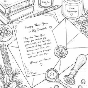 Peut inclure: Une illustration au trait en noir et blanc montrant une lettre manuscrite avec le texte Happy New Year to My Dearest, une enveloppe avec un sceau de cire, un stylo plume, un encrier marqu&eacute; With Love, une bougie marqu&eacute;e Fresh Beginnings et des livres.
