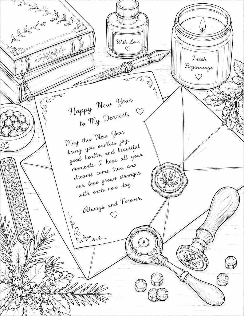 Peut inclure: Une illustration au trait en noir et blanc montrant une lettre manuscrite avec le texte Happy New Year to My Dearest, une enveloppe avec un sceau de cire, un stylo plume, un encrier marqu&eacute; With Love, une bougie marqu&eacute;e Fresh Beginnings et des livres.