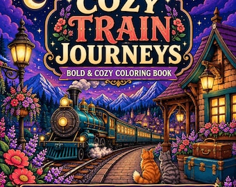May include: A colouring book cover titled COZY TRAIN JOURNEYS BOLD & COZY COLORING BOOK with 30 Full Colour References Included. The illustration features a steam train at a station, two cats, mountains, a crescent moon, and flowers.