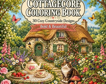 May include: A Cottagecore Colouring Book featuring 30 Cozy Countryside Designs, Bold & Beautiful. The cover shows a thatched-roof stone cottage, a cat, a tea set on a table, and a basket of strawberries, with 30 Full Colour References Included.