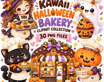 May include: A digital illustration set titled Kawaii Halloween Bakery Clipart Collection 30 PNG Files featuring a witch, a ghost, a black cat, and a pumpkin character baking, alongside a bakery shop building, all decorated with orange and purple.
