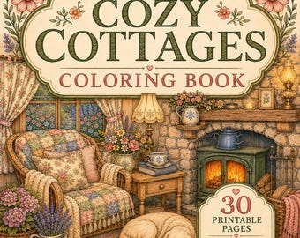 May include: A colouring book titled Cozy Cottages featuring an illustration of a living room with a wicker chair, a fireplace, a sleeping dog, and floral decor. The cover text reads Cozy Cottages Colouring Book, 30 Printable Pages, Full-Colour References Included.