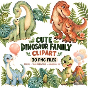 May include: A digital collection of dinosaur illustrations featuring a green long-necked parent and child, an orange T-Rex pair, a blue dinosaur with a pink balloon, and a green dinosaur near a volcano, with text reading CUTE DINOSAUR FAMILY CLIPART.