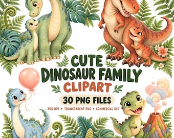 May include: A digital collection of dinosaur illustrations featuring a green long-necked parent and child, an orange T-Rex pair, a blue dinosaur with a pink balloon, and a green dinosaur near a volcano, with text reading CUTE DINOSAUR FAMILY CLIPART.