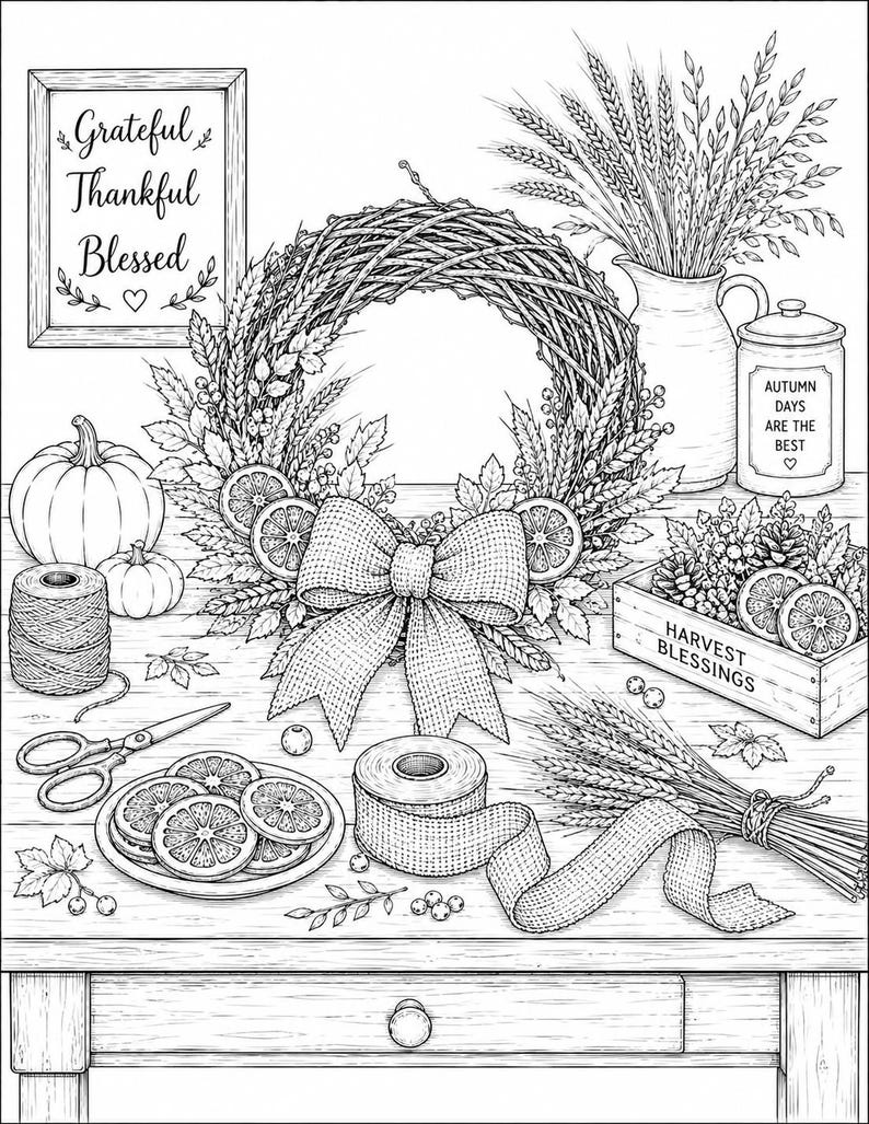 Peut inclure: Une illustration en noir et blanc au trait repr&eacute;sentant une sc&egrave;ne de r&eacute;colte automnale avec une couronne de vigne, un grand n&oelig;ud, des citrouilles, du bl&eacute; s&eacute;ch&eacute;, des tranches d'agrumes, une bobine de ficelle, des ciseaux et une caisse en bois.
