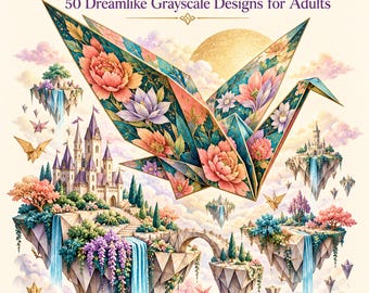 Origami- und Papierbastel-Malbuch im Surrealismus-Stil: 50 Graustufenseiten für Erwachsene, druckbare PDF- und PNG-Datei (digitaler Download)