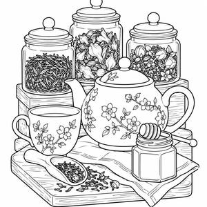 May include: A black and white line art illustration featuring a teapot, a teacup, three glass jars filled with dried herbs and flowers, a wooden scoop with loose tea leaves, and a small jar of honey with a wooden honey dipper.