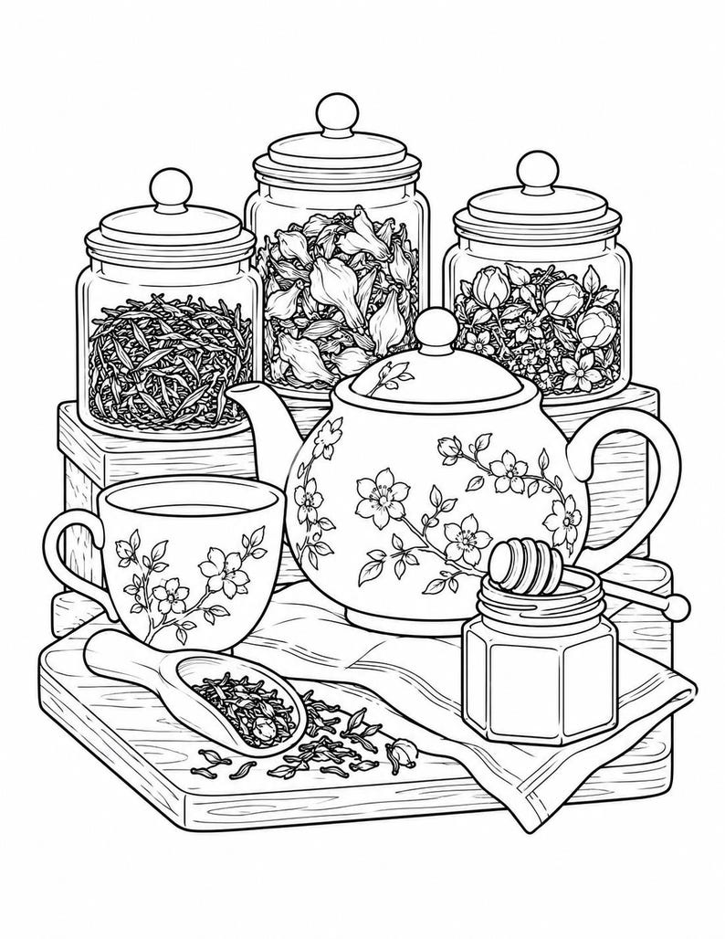 May include: A black and white line art illustration featuring a teapot, a teacup, three glass jars filled with dried herbs and flowers, a wooden scoop with loose tea leaves, and a small jar of honey with a wooden honey dipper.