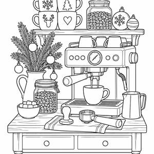 May include: A black and white line art illustration of a coffee station featuring an espresso machine, a pitcher of pine branches with ornaments, a jar of coffee beans, a bowl of sugar cubes, mugs, and a portafilter on a wooden table.