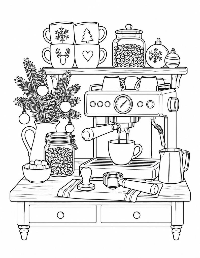 May include: A black and white line art illustration of a coffee station featuring an espresso machine, a pitcher of pine branches with ornaments, a jar of coffee beans, a bowl of sugar cubes, mugs, and a portafilter on a wooden table.