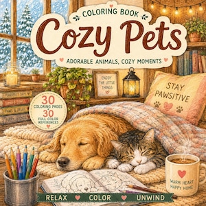 Może przedstawiać: Kolorowanka zatytułowana Cozy Pets przedstawiająca golden retrievera i kota pręgowanego śpiących pod kocem. Okładka zawiera tekst, kubek z sercem, kredki i książki. Zawiera 30 stron do kolorowania oraz 30 kolorowych wzorów.