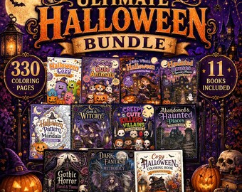 May include: A digital bundle of 11 Halloween-themed colouring books featuring 330 pages in total. The collection includes titles like Halloween Cozy, Spooky Cute Animals, Little Witch's Halloween, Haunted Houses, and Gothic Horror, presented in PDF and PNG formats.