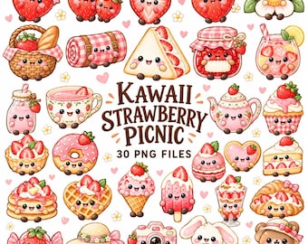 May include: A collection of 30 digital illustrations featuring anthropomorphic strawberries, picnic food, and animals with smiling faces. The central text reads KAWAII STRAWBERRY PICNIC 30 PNG FILES. Includes items like a basket, sandwich, jam, and sweets.