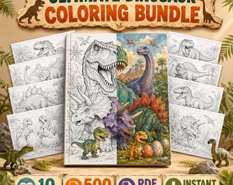 May include: A digital colouring bundle featuring the text ULTIMATE DINOSAUR COLOURING BUNDLE. The set includes 10 books with 500 colouring pages in PDF and PNG formats. The central image displays a split design of line art and coloured dinosaurs.