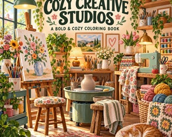 May include: A craft studio scene featuring a pottery wheel, an easel with a floral painting, a sewing machine, and a sleeping orange cat. The wall displays the text Cozy Creative Studios A Bold & Cozy Coloring Book with hanging plants and shelves.