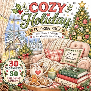 Könnte beinhalten: Ein Malbuch-Cover mit dem Titel Cozy Holiday Coloring Book, das eine festliche Szene mit einem geschmückten Weihnachtsbaum, einem gemütlichen Sessel mit einem karierten Kissen mit der Aufschrift Warm Wishes, heißer Schokolade und Keksen zeigt.