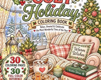 May include: A colouring book titled Cozy Holiday Colouring Book featuring a winter scene with a decorated Christmas tree, a cosy armchair with a plaid pillow, a mug of hot cocoa, gingerbread cookies, and books labelled Winter Stories and Joy & Cheer.