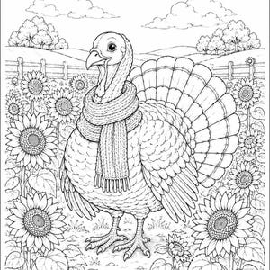 Peut inclure: Une illustration en noir et blanc au trait repr&eacute;sentant une dinde portant une &eacute;charpe en tricot &eacute;paisse et textur&eacute;e. La dinde se tient dans un champ de grands tournesols avec une cl&ocirc;ture en bois, des collines et des nuages en arri&egrave;re-plan.