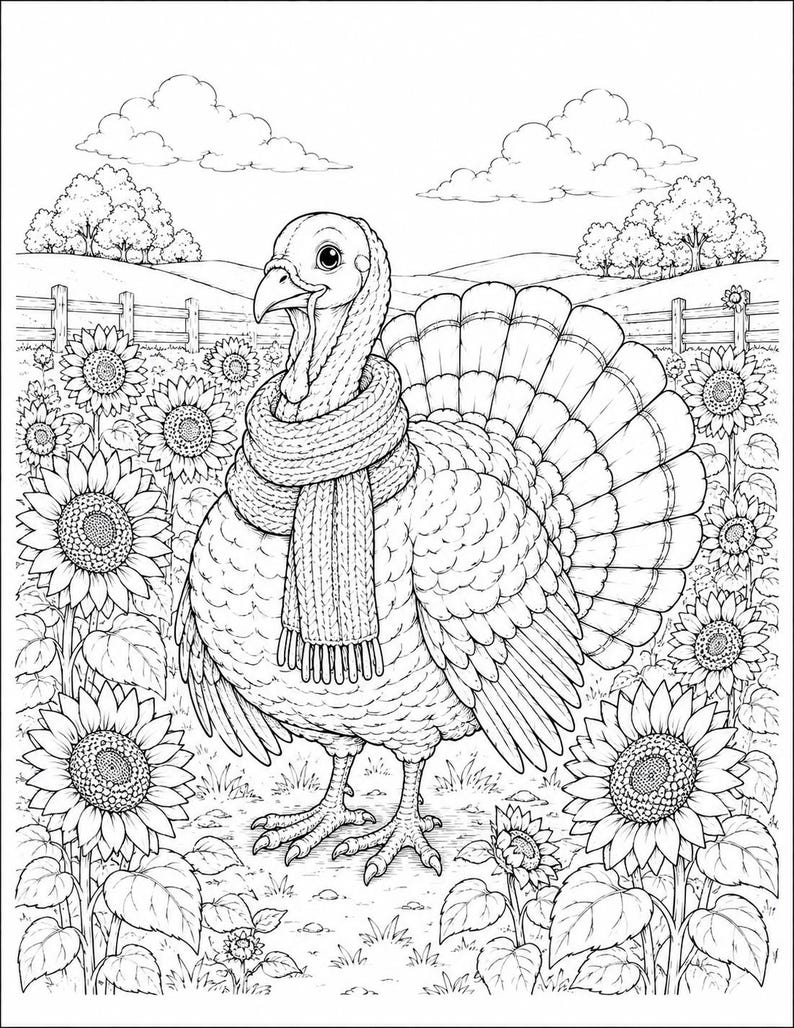 Peut inclure: Une illustration en noir et blanc au trait repr&eacute;sentant une dinde portant une &eacute;charpe en tricot &eacute;paisse et textur&eacute;e. La dinde se tient dans un champ de grands tournesols avec une cl&ocirc;ture en bois, des collines et des nuages en arri&egrave;re-plan.