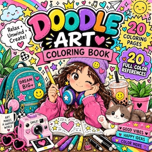 Puede incluir: Una portada de libro para colorear Doodle Art con un personaje de dibujos animados de cabello castaño y gorro morado, rodeado de una mochila turquesa, una cámara rosa, un gato y útiles. El texto dice Doodle Art Coloring Book, Relax Unwind Create, 20 Coloring Pages y 20 Full-Color References.