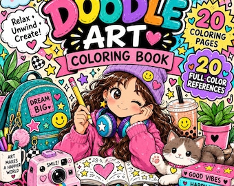 May include: A Doodle Art colouring book cover featuring a cartoon character with brown hair and a purple beanie, surrounded by a teal backpack, a pink camera, a cat, and art supplies. The text reads Doodle Art Colouring Book, Relax Unwind Create, 20 Colouring Pages, and 20 Full-Colour References.