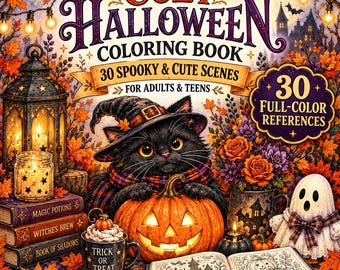 May include: A colouring book titled Cozy Halloween Colouring Book featuring 30 spooky and cute scenes. The cover displays a black cat in a witch hat behind a jack-o'-lantern, a lantern, books, a ghost, and a mug with Trick or Treat text.