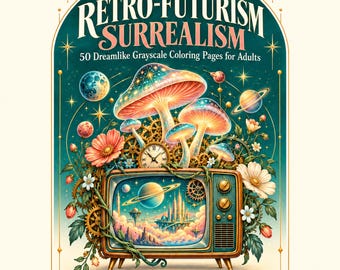 Malbuch im Stil des Retro-Futurismus und Surrealismus: 50 Graustufenseiten für Erwachsene, druckbare PDF- und PNG-Dateien (digitaler Download)