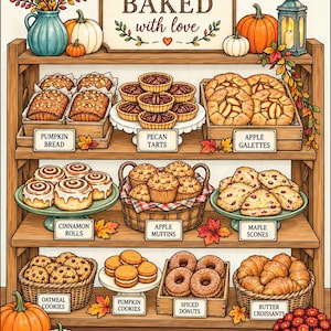 Peut inclure: Une &eacute;tag&egrave;re de boulangerie en bois pr&eacute;sentant des p&acirc;tisseries avec des &eacute;tiquettes : pain &agrave; la citrouille, tartelettes aux noix de p&eacute;can, galettes aux pommes, roul&eacute;s &agrave; la cannelle, muffins aux pommes, scones &agrave; l'&eacute;rable, biscuits &agrave; l'avoine, biscuits &agrave; la citrouille, beignets &eacute;pic&eacute;s et croissants au beurre, avec un d&eacute;cor automnal.