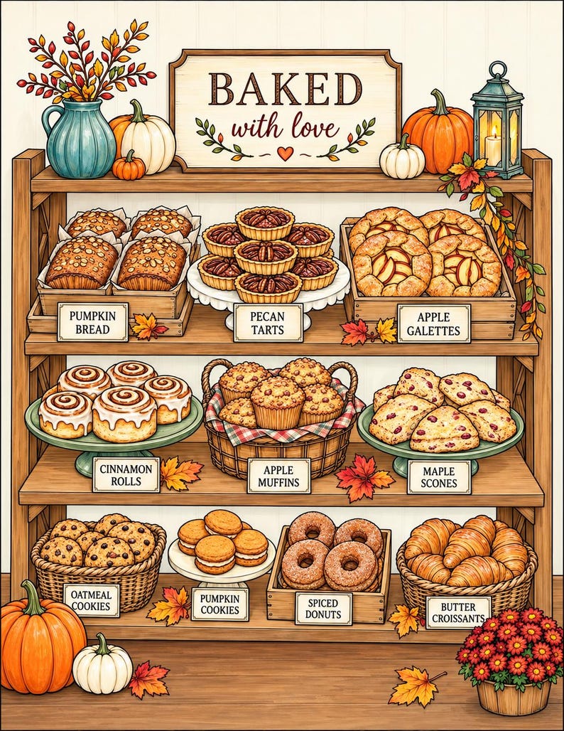 Peut inclure: Une &eacute;tag&egrave;re de boulangerie en bois pr&eacute;sentant des p&acirc;tisseries avec des &eacute;tiquettes : pain &agrave; la citrouille, tartelettes aux noix de p&eacute;can, galettes aux pommes, roul&eacute;s &agrave; la cannelle, muffins aux pommes, scones &agrave; l'&eacute;rable, biscuits &agrave; l'avoine, biscuits &agrave; la citrouille, beignets &eacute;pic&eacute;s et croissants au beurre, avec un d&eacute;cor automnal.