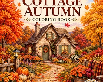 May include: A colouring book titled COTTAGE AUTUMN with 30 Full Colour References Included. The cover features a stone cottage surrounded by orange and yellow autumn trees, pumpkins, flowers, and a stone path under a sunset sky.