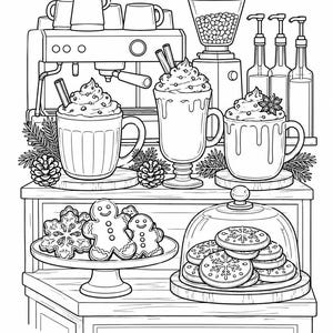 May include: A black and white line art illustration of a coffee station featuring an espresso machine, three mugs of whipped cream-topped beverages, syrup bottles, a cookie stand with gingerbread figures, and a glass dome with snowflake cookies.