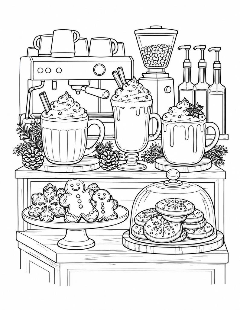 May include: A black and white line art illustration of a coffee station featuring an espresso machine, three mugs of whipped cream-topped beverages, syrup bottles, a cookie stand with gingerbread figures, and a glass dome with snowflake cookies.