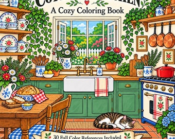 May include: A colouring book titled Cottage Kitchen A Cozy Coloring Book with 30 full colour references and 30 cosy colouring pages. The cover illustration depicts a kitchen with green cabinets, a window, a stove, and a sleeping tabby cat.