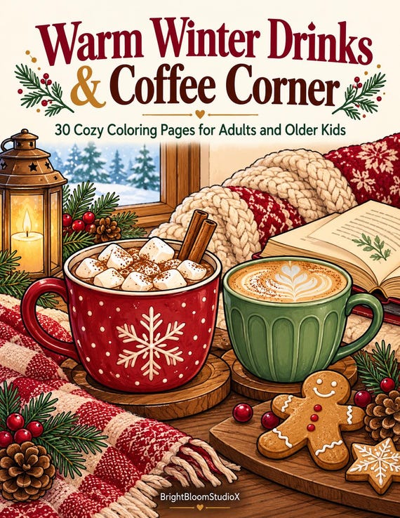 Warm Winter Drinks & Coffee Corner | 30 Cozy Coloring Pages for Adults and Older Kids (Digital Download)
