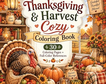 May include: A Thanksgiving and Harvest Cozy colouring book featuring 30 colouring pages and full-colour references. The cover displays a turkey, pumpkins, a cornucopia, autumn leaves, and a sign with the text Grateful Thankful Blessed.
