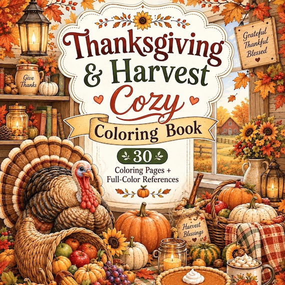 Thanksgiving Harvest Coloring Book | 30 Cozy Fall Pages with Full-Color References (Digital Download)