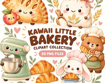 May include: A digital illustration set titled Kawaii Little Bakery Clipart Collection 30 PNG Files featuring anthropomorphic baked goods, a green stand mixer, a bear in a chef hat holding a basket, and a rabbit holding a croissant.